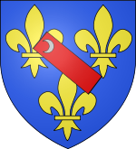 D'azur à trois fleurs de lys d'or, au bâton de gueules péri en bande chargé en chef d'un croissant d'argent